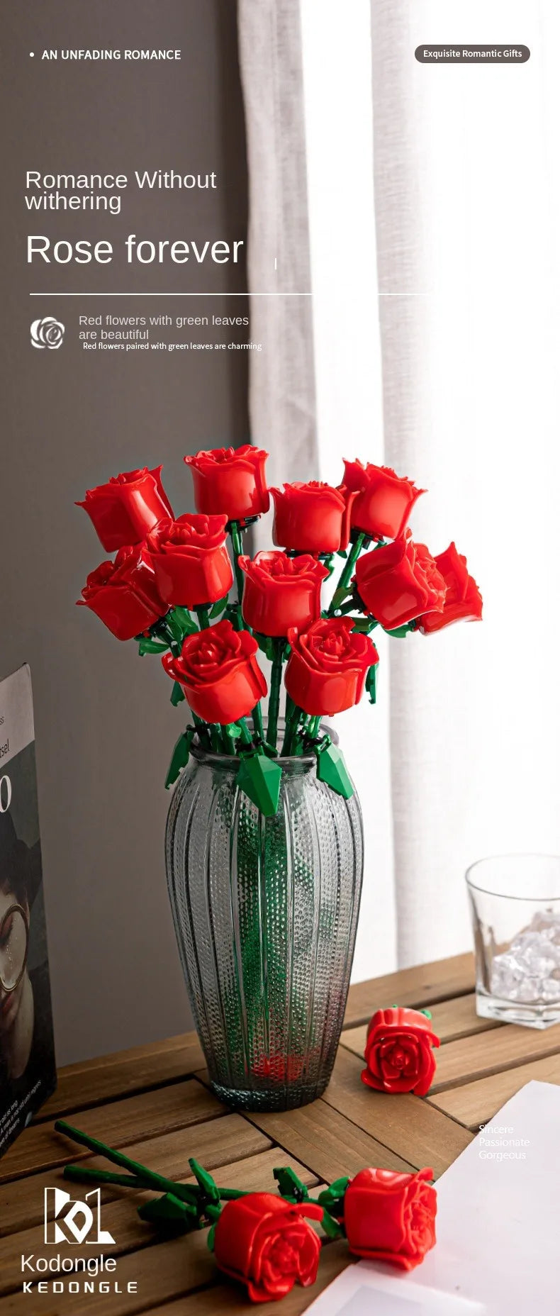 Rosas de Bloques de Construcción – Puzzle de Ramo Inmortal, Juguete y Decoración