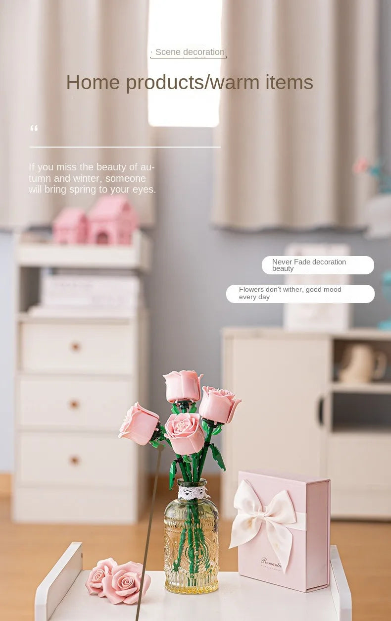 Rosas de Bloques de Construcción – Puzzle de Ramo Inmortal, Juguete y Decoración