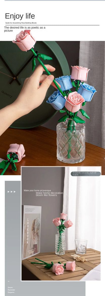 Rosas de Bloques de Construcción – Puzzle de Ramo Inmortal, Juguete y Decoración