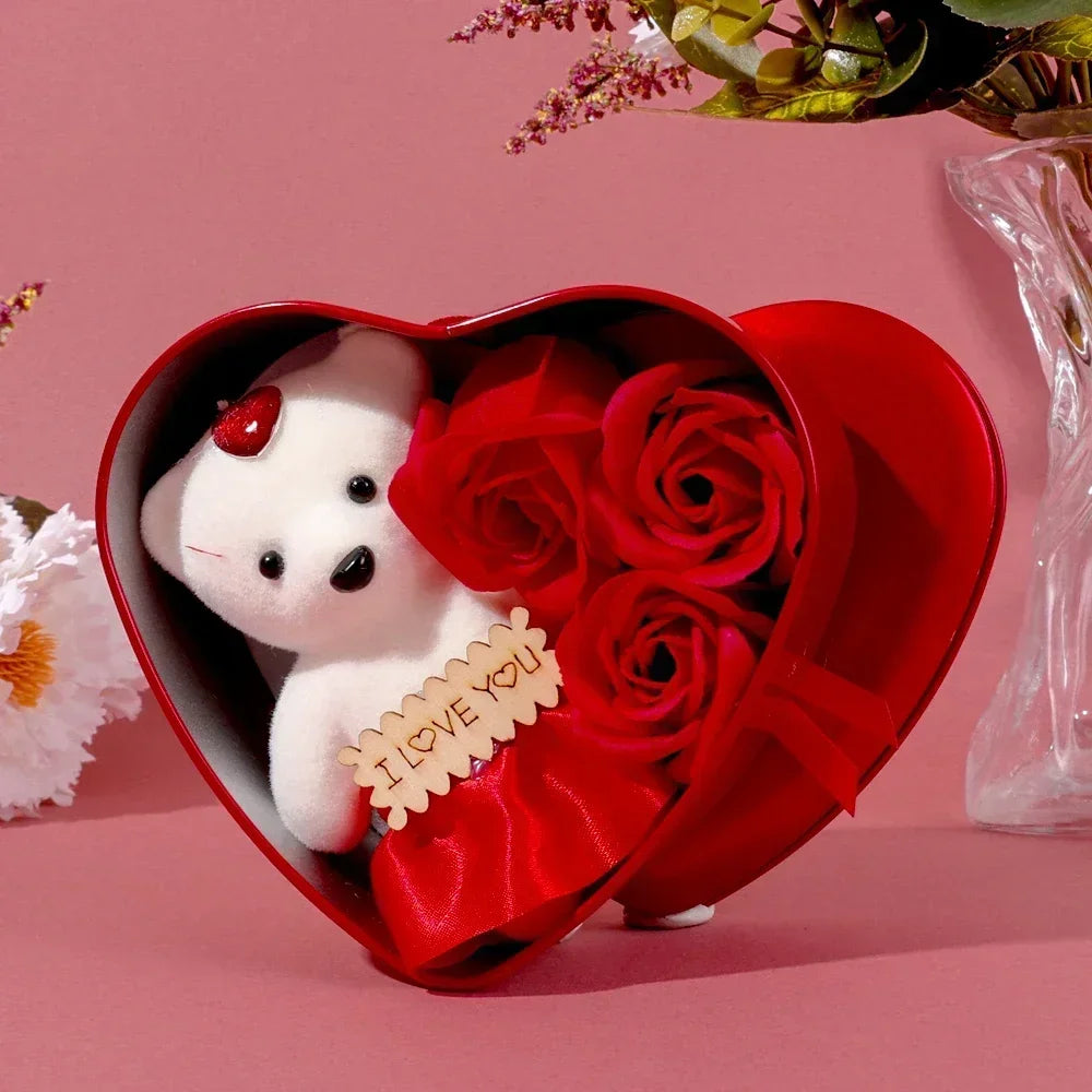 Caja de Regalo Romántica con Oso y Rosas
