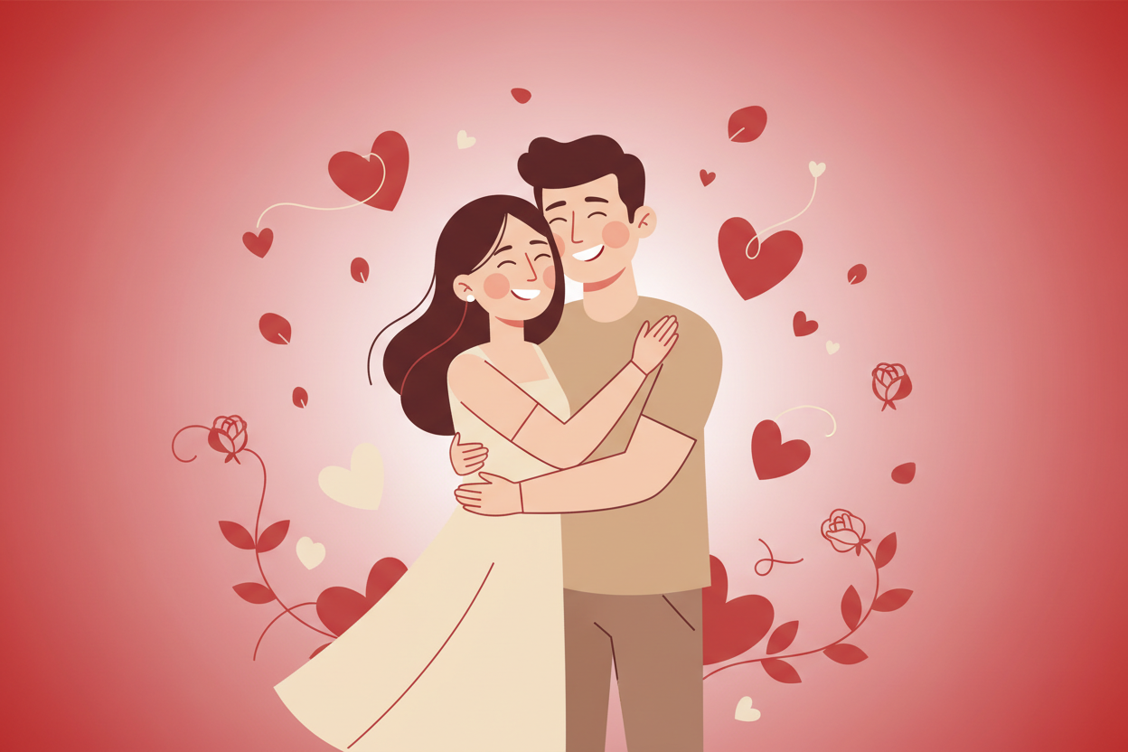 imagen minimalista de una pareja feliz con decoracion de san valentin de fondo rojas