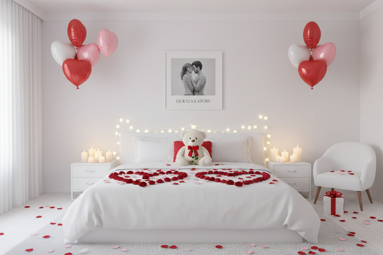 quiero que tenga mas detalles de san valentin al rededor de toda la habitación: como un oso de peluche; una imagen personalizada en un cuadro...